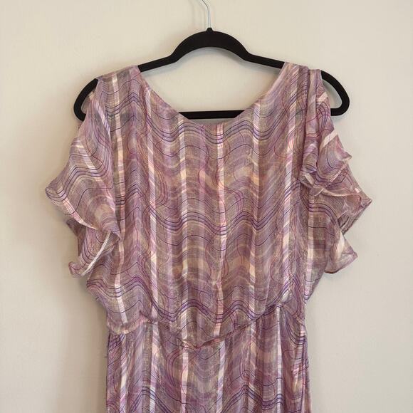 Vintage 90s Adrianna Maxi Dress Womens 8 Purple Midi Silk Metallic Flutter Sheer - Picture 3 of 10